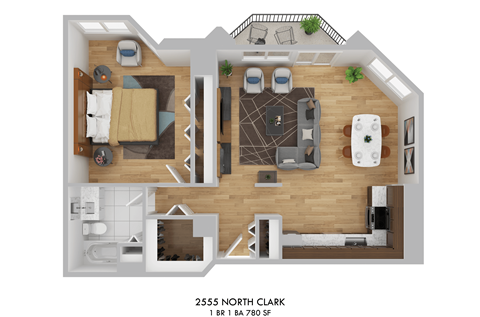 Floor plan for 1 bed, 1 bath, 780 sqft